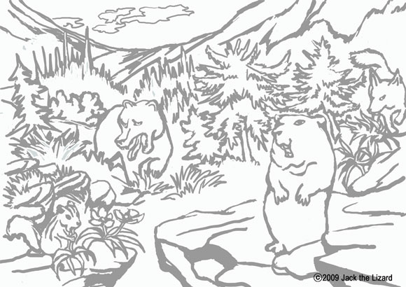 Colouring Page of Woodchuck (Groundhog), chipmunk, Red fox, and bear