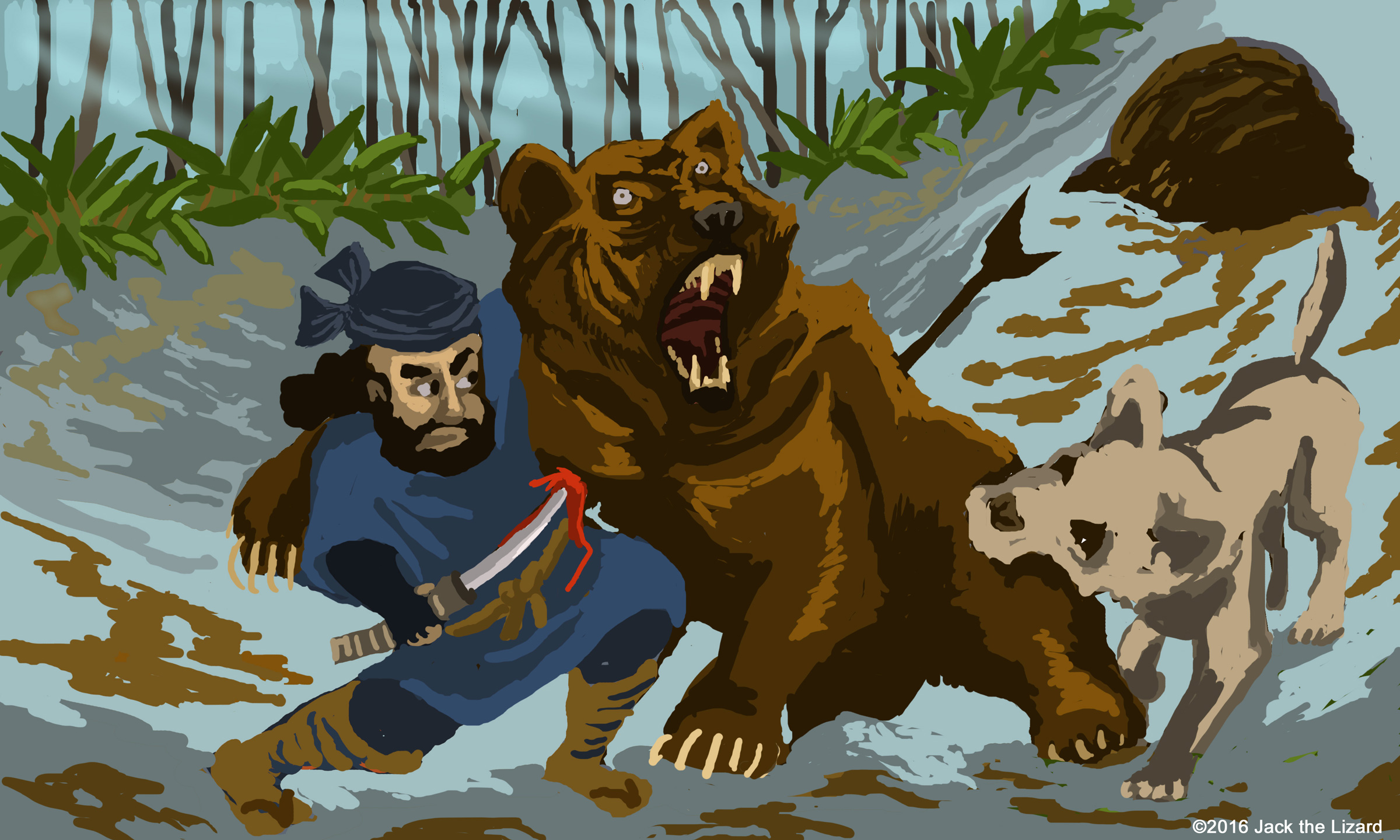 Dogs were extremely important for Ainu and aided hunters to capture bears. Brave Ainu hunter waits for angry bear coming out of the cave and he stubs the side of bear who is in toxic with a poison arrow to finish off.